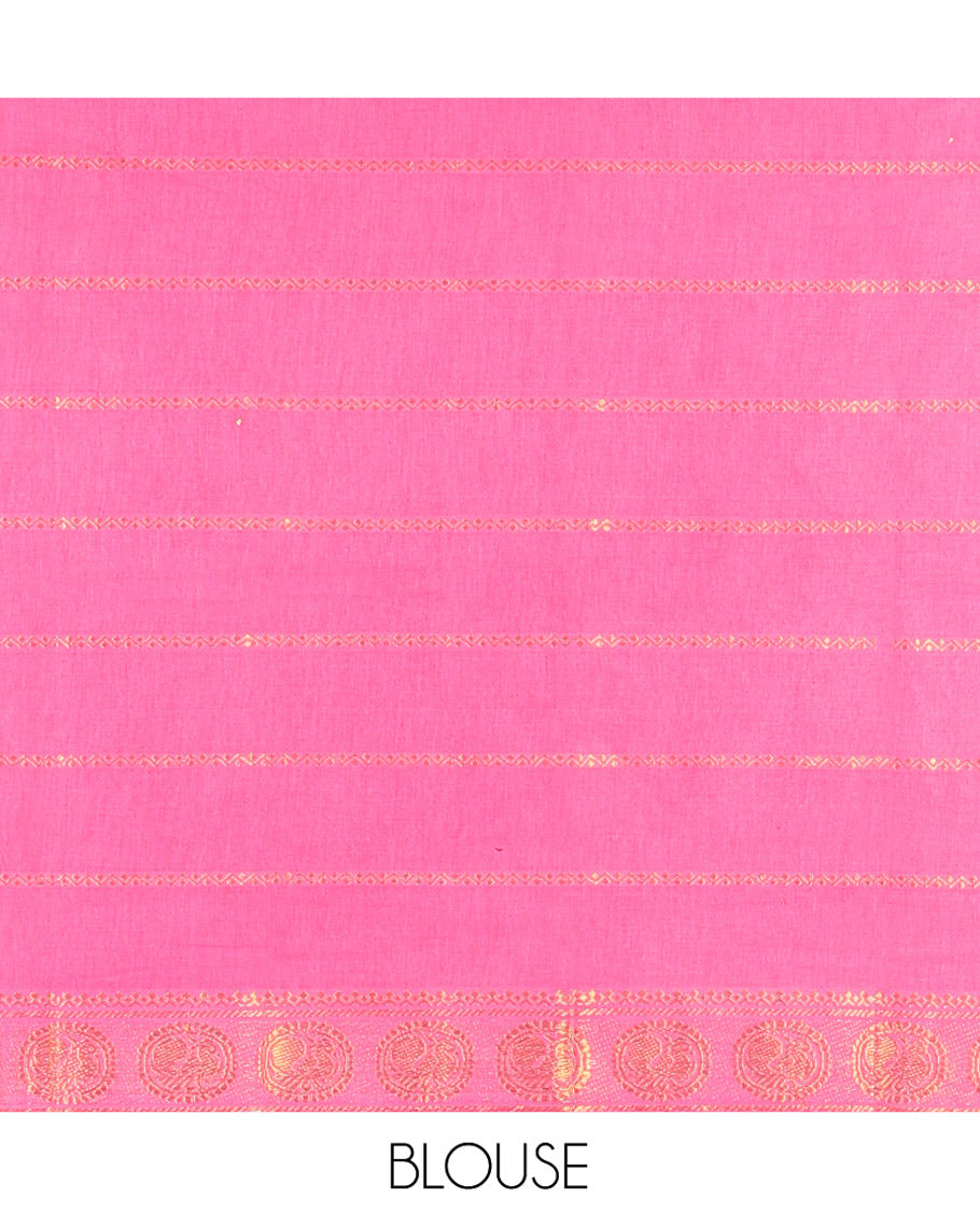 Violet Plain Sungudi Cotton Saree, Highlighted by Traditional Zari Border of Peacock and Floral Creeper Designs, Subtly Striped Pallu, and Paired with a Contrast Blouse