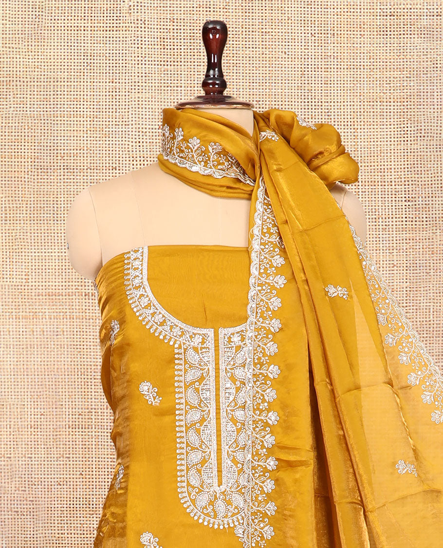 Mustard Fendi Organza Material Churidar Features Embroidered Top, a Santoon Bottom, a Scallop Embroidered Dupatta