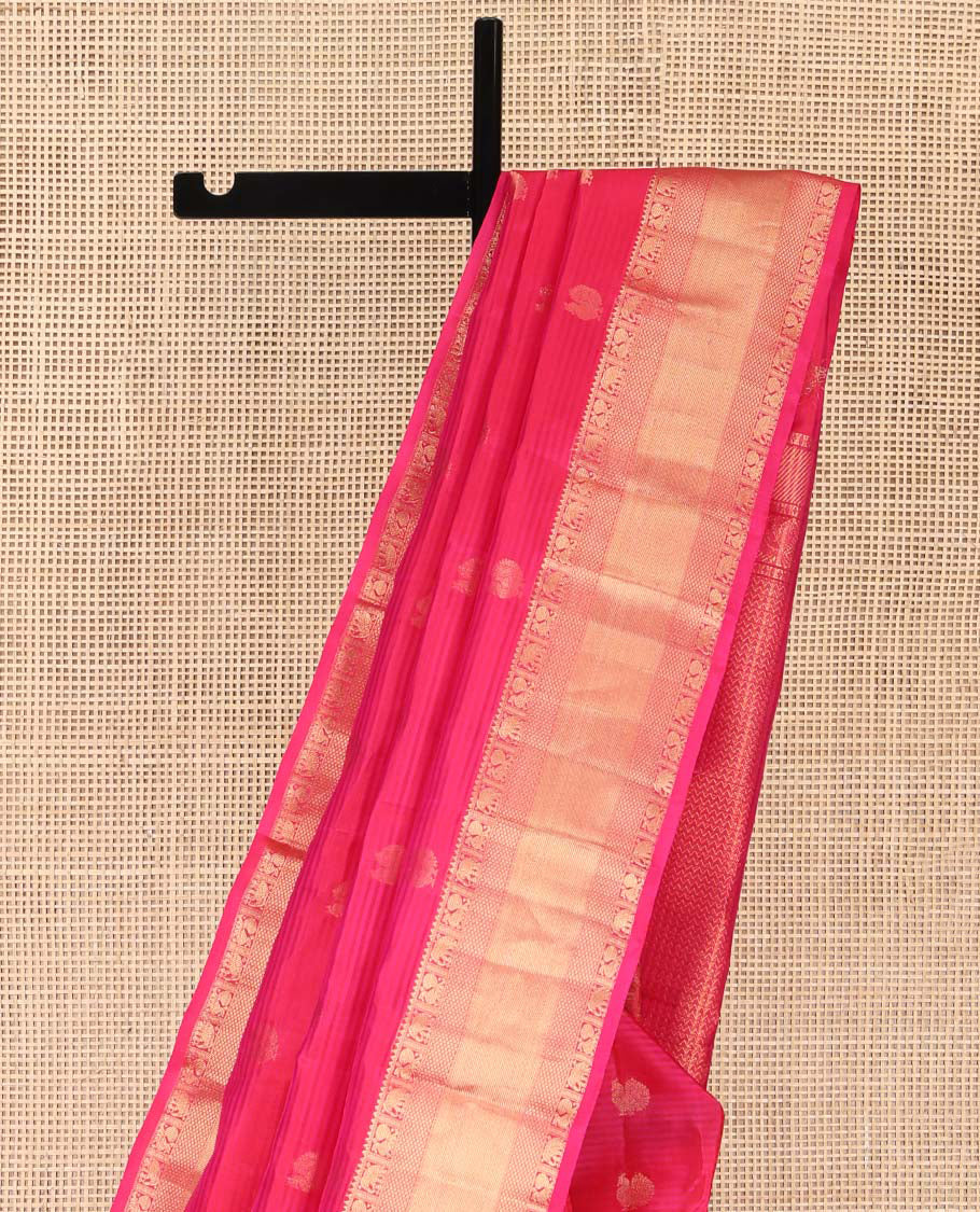 Pink Kanchipuram Silk Saree, Adorned with Mayil Buttas on Its Body, Highlighted by a Zari Border of Rekku, Mayil, Yaanai, and Mayil Kann Designs, Grand Pallu of Chevron Designs, and Paired with a Matching Blouse