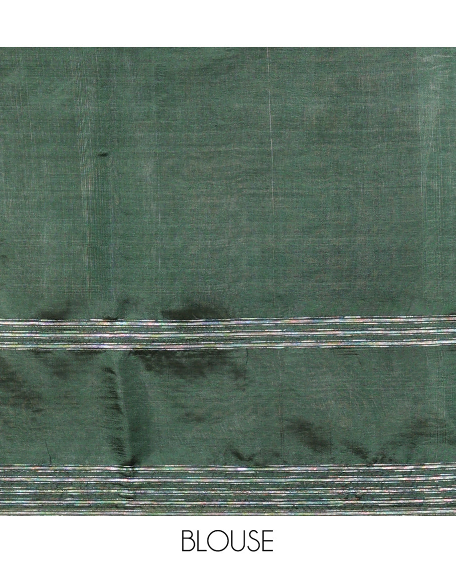Green Banana Pith Saree, Subtly Sparkled with Buttas All Over Its Body, Highlighted by Self-Border, Pallu of Stripes, and Paired with a Matching Blouse
