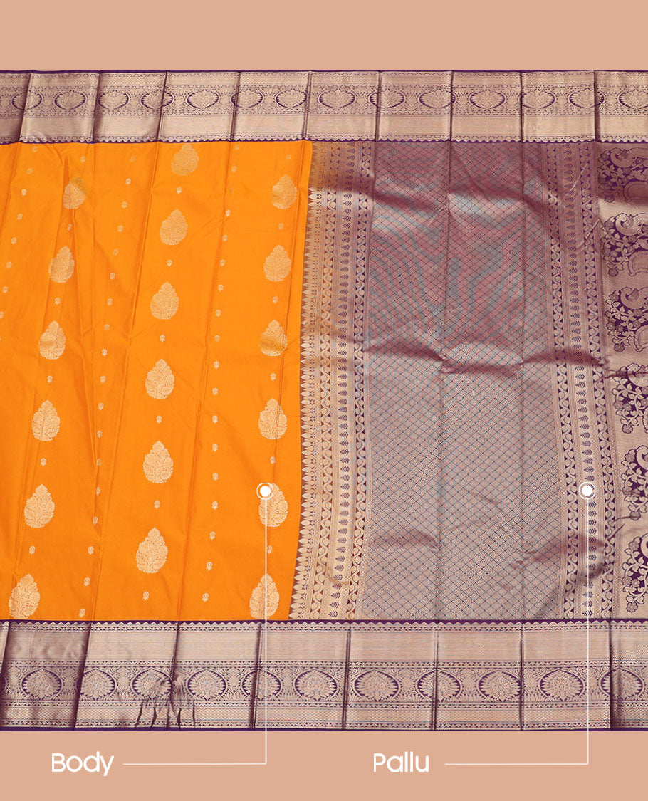 Orange Budget Silk Saree, Gleamed Up with Zari Buttas All Over Its Body, Complemented by a Contrast Traditional Zari Design Border, Sparsely Woven Jaal-Patterned Pallu, and Paired with a Contrast Blouse