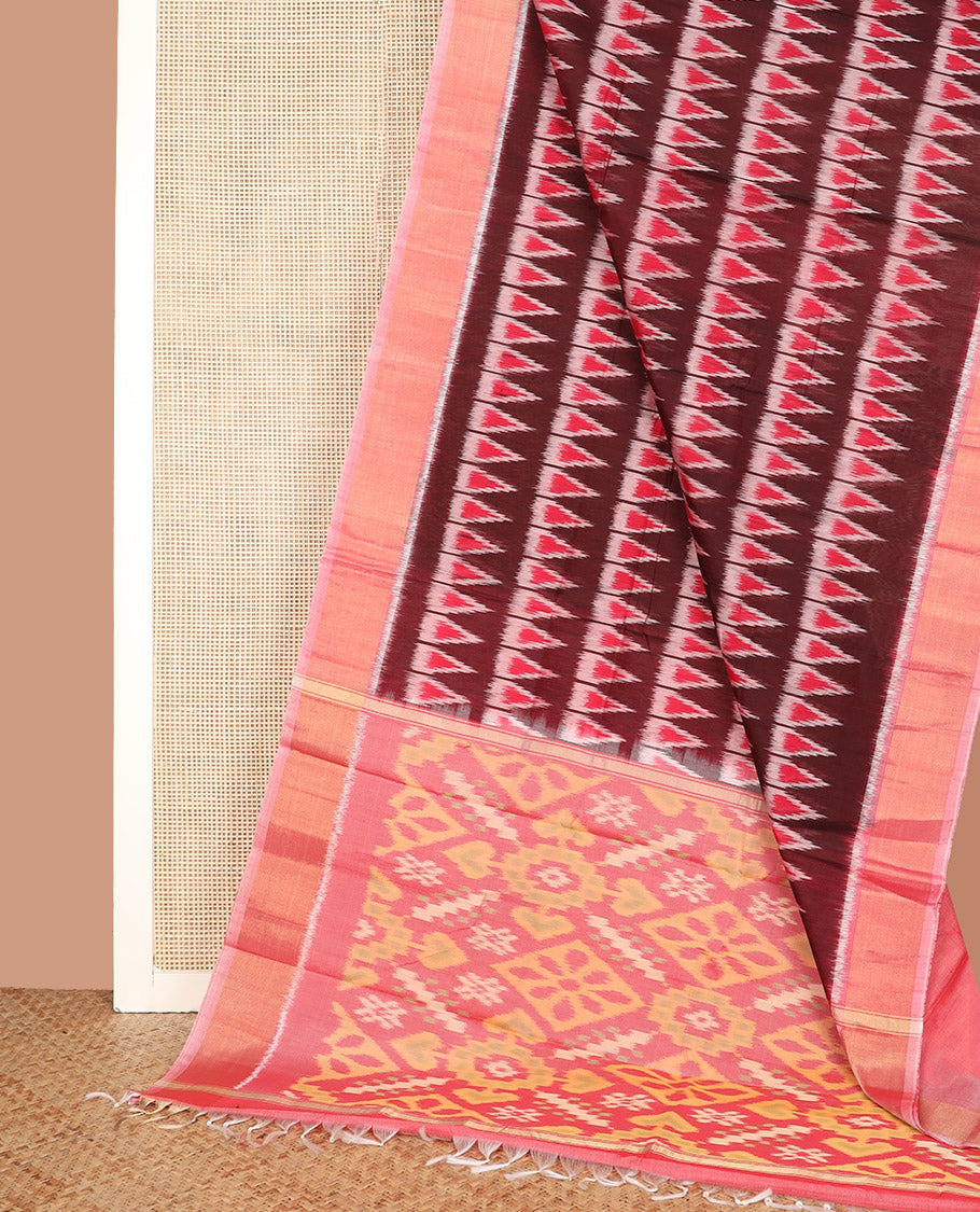 Maroon Ikkat Cotton Saree, Elevated with Ikkat-Style Temple Buttas All Over Its Body, Complemented by a Contrast Zari Border, Pallu of Geometric Designs in Ikkat Weave, and Paired with a Contrast Blouse
