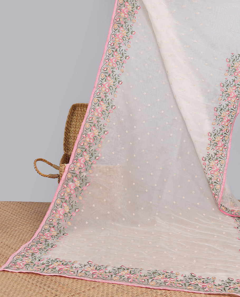 White motifs embroidery net designer saree with self floral border & floral embroidery pallu 