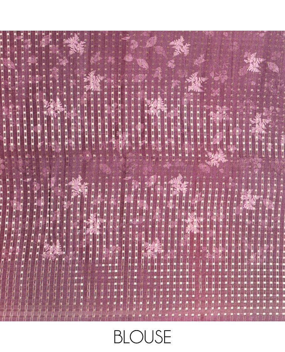 Purple leaf motifs eco-digital printed fancy tussar saree, zari border & pallu woven with dobby-style buttas