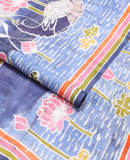 Blue bandhani printed silk saree pond theme printed with contrast border & lotus design pallu
