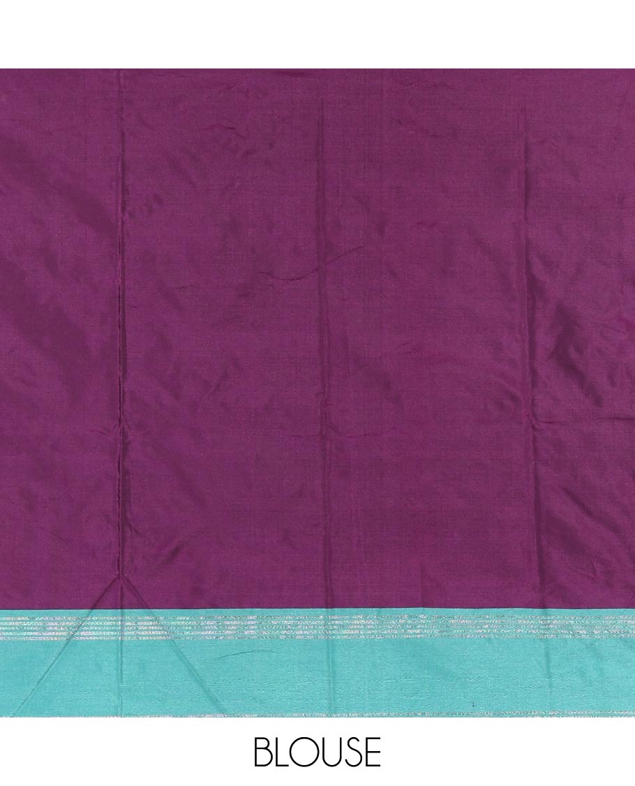 Dark purple plain semi-soft silk saree, contrast zari striped border, striped pallu, and matching blouse