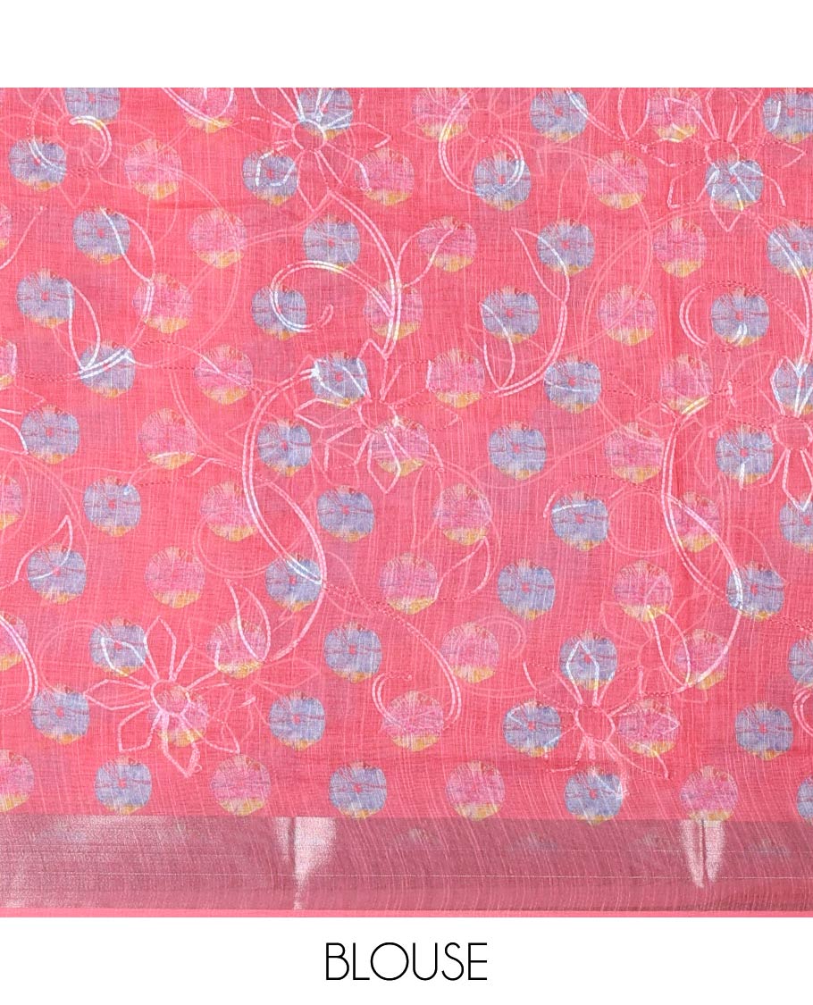 Pink shibori printed with thread floral vine embroidered linen cotton saree, contrast bavanji border, pallu, and blouse of shibori print with embroidery