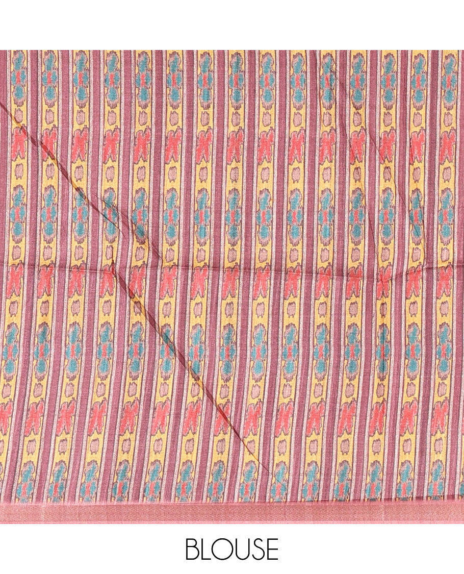 Yellow Radha motifs printed katan silk saree, contrast temple border, ikkat motifs woven pallu, and contrast printed pallu