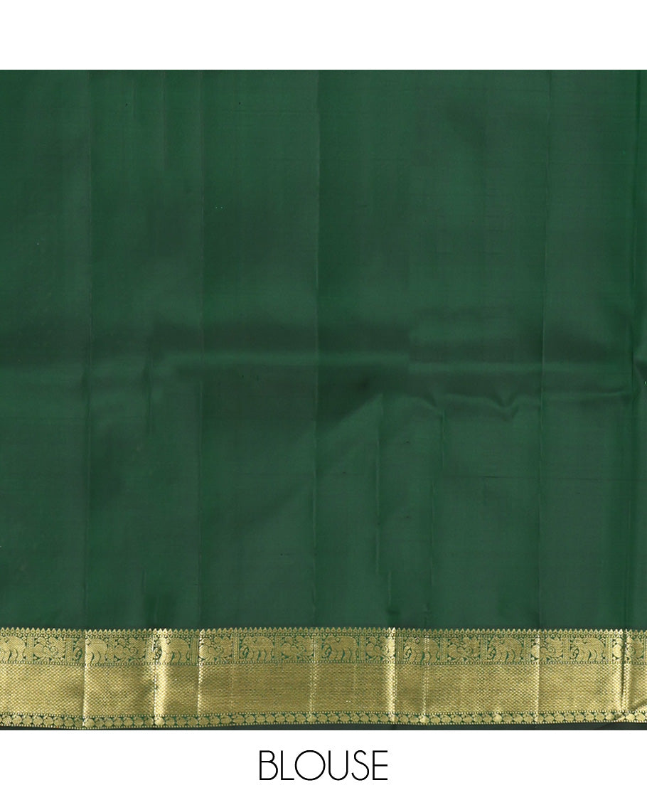 Green Embossed Parampara Silk Saree, Elevated with Zari Border of Thilakam, Mayil, Yaanai, Mayil Kann, and Manga Designs, Grand Jaal Pallu and Paired with a Matching Blouse