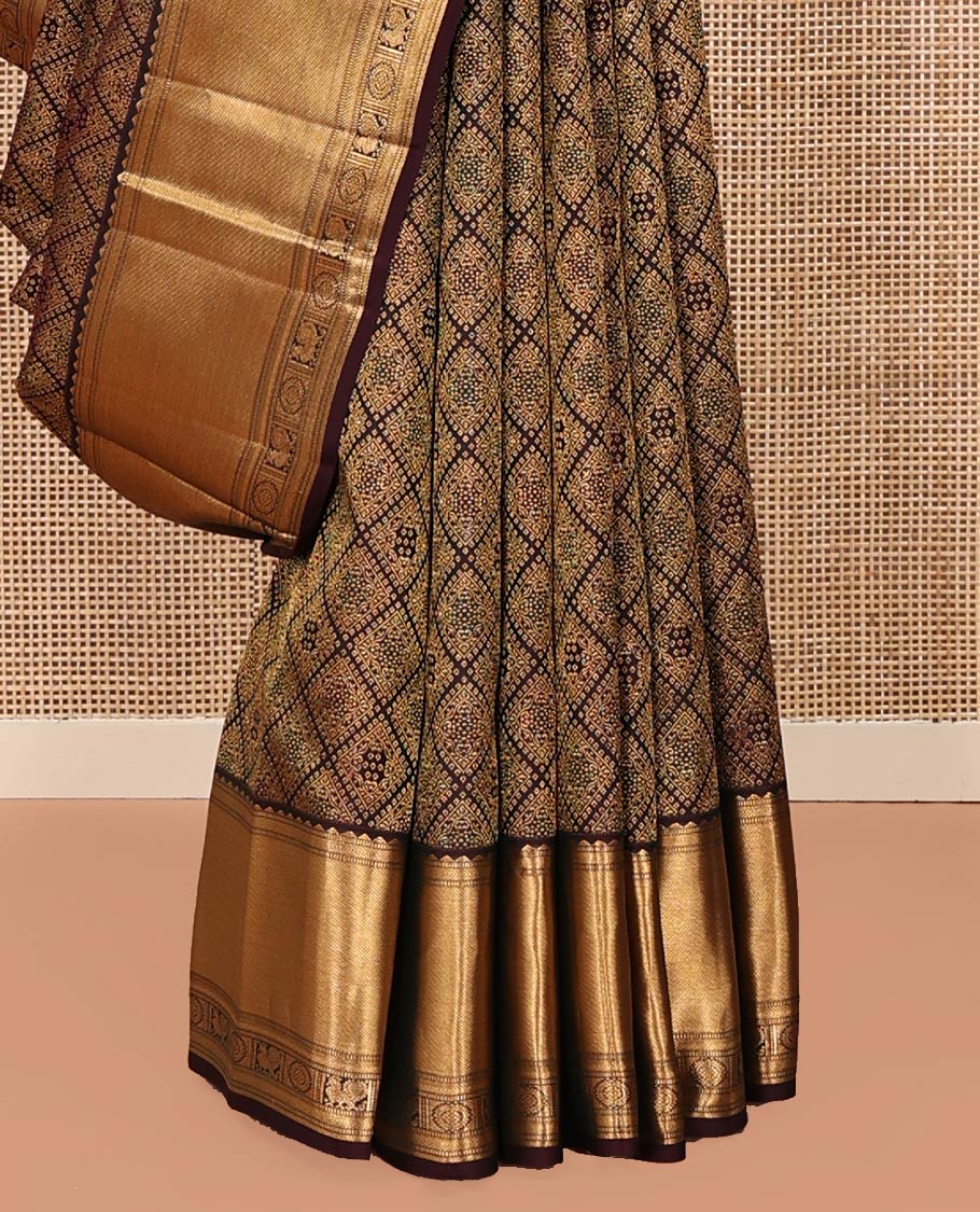 Brown Kanchipuram Wedding Silk Saree, Decked Up with Jacquard Design On Its Body, Highlighted by Zari Border of Rekku, Mayil and Chakram Designs, Grand Jaal Pallu and Paired with a Matching Blouse