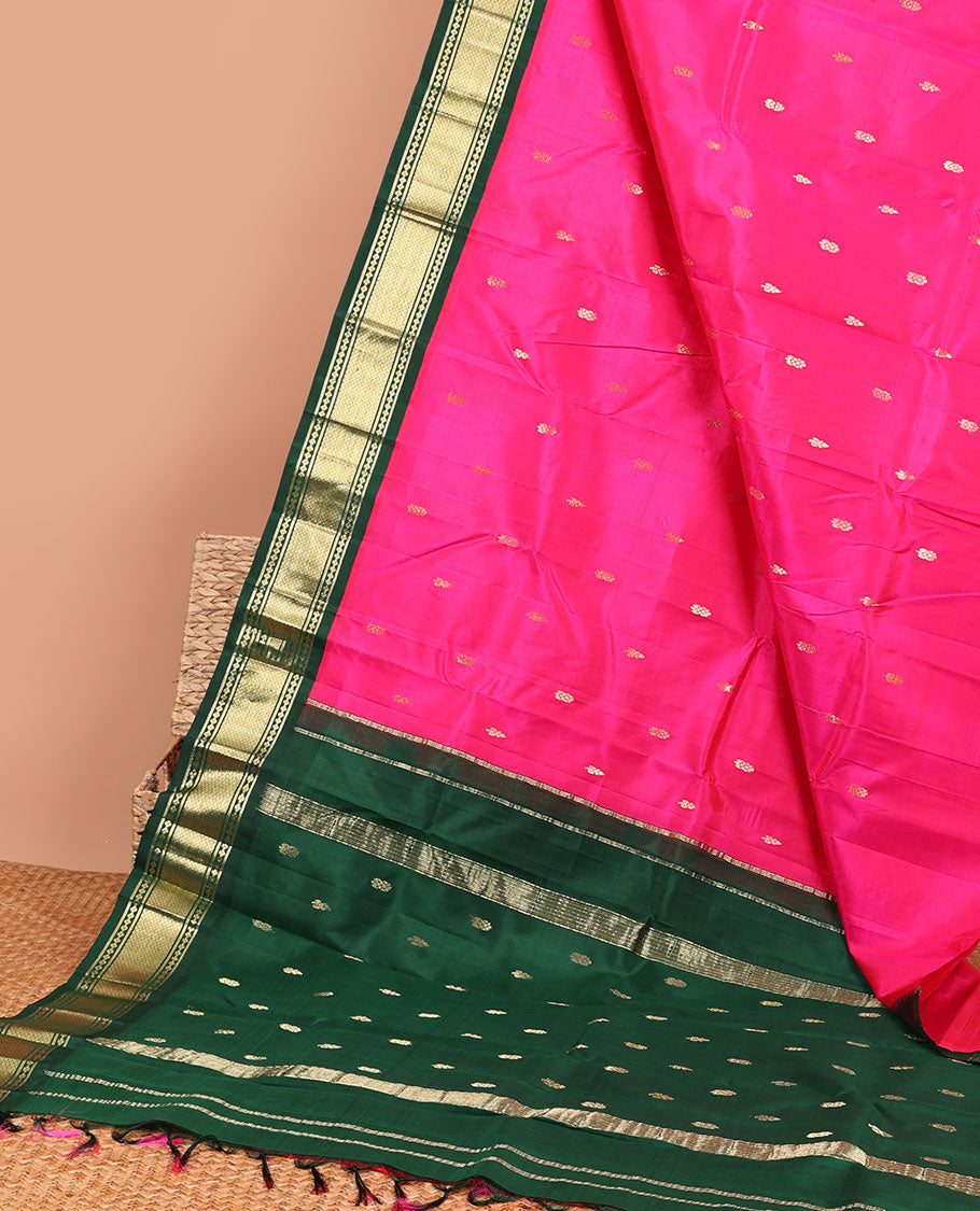 Pink floral buttas kancheepuram silk saree with contrast border of banaras , mayil kann designs &  zari design pallu