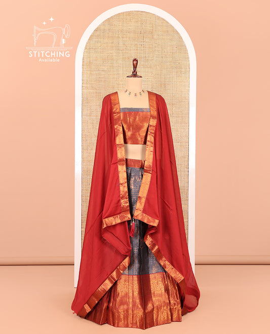 Grey-Red Semi-Banarasi Half-Saree Features Jacquard Skirt, Contrast Traditional Border, Matching Blouse, and Syska Georgette Dhavani