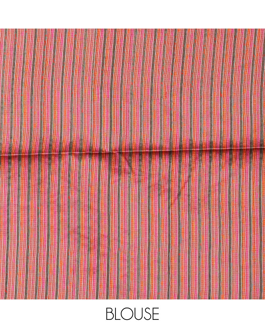 Olive green thread buttas woven jute cotton saree, multi-color temple border, striped pallu, and a matching striped blouse