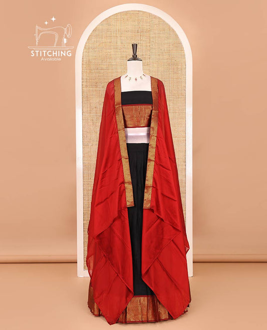 Black-red Mercerised cotton half-saree, plain with contrast arai madam border skirt, matching blouse & contrast arai madam border dhavani