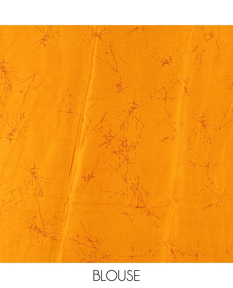 Borderless gold batik-style vine printed satin crepe saree, fancy printed self-pallu & batik printed blouse