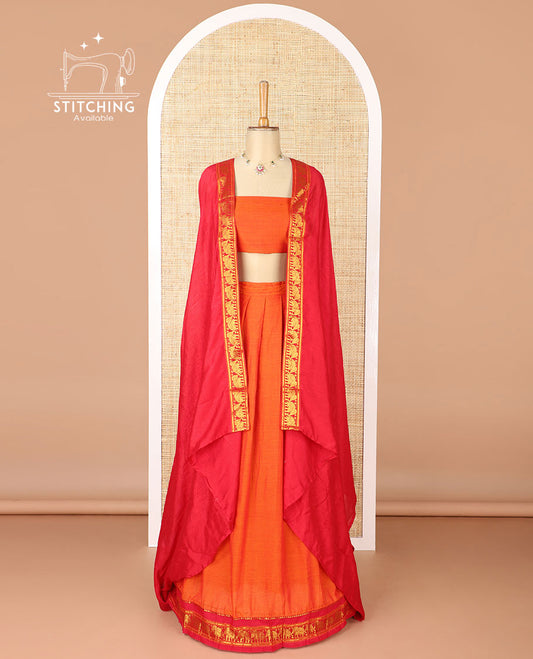 Orange mercerised cotton daman zari border half saree with cotton blouse & skya georgette one side zari border dhavani
