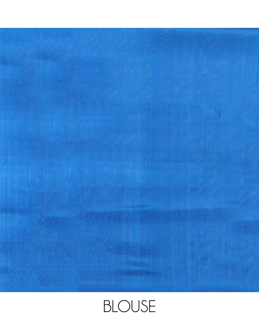 Borderless Blue Mayuri Soft Silk Saree, Adorned with Zig-Zag Stripes and Deer Buttas, a Pallu of Coconut Tree Designs, and a Matching Blouse