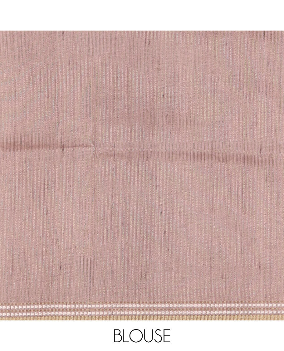 Grey abstract geometric printed semi-tussar saree, contrast thread triangle motifs border, striped pallu & contrast striped blouse