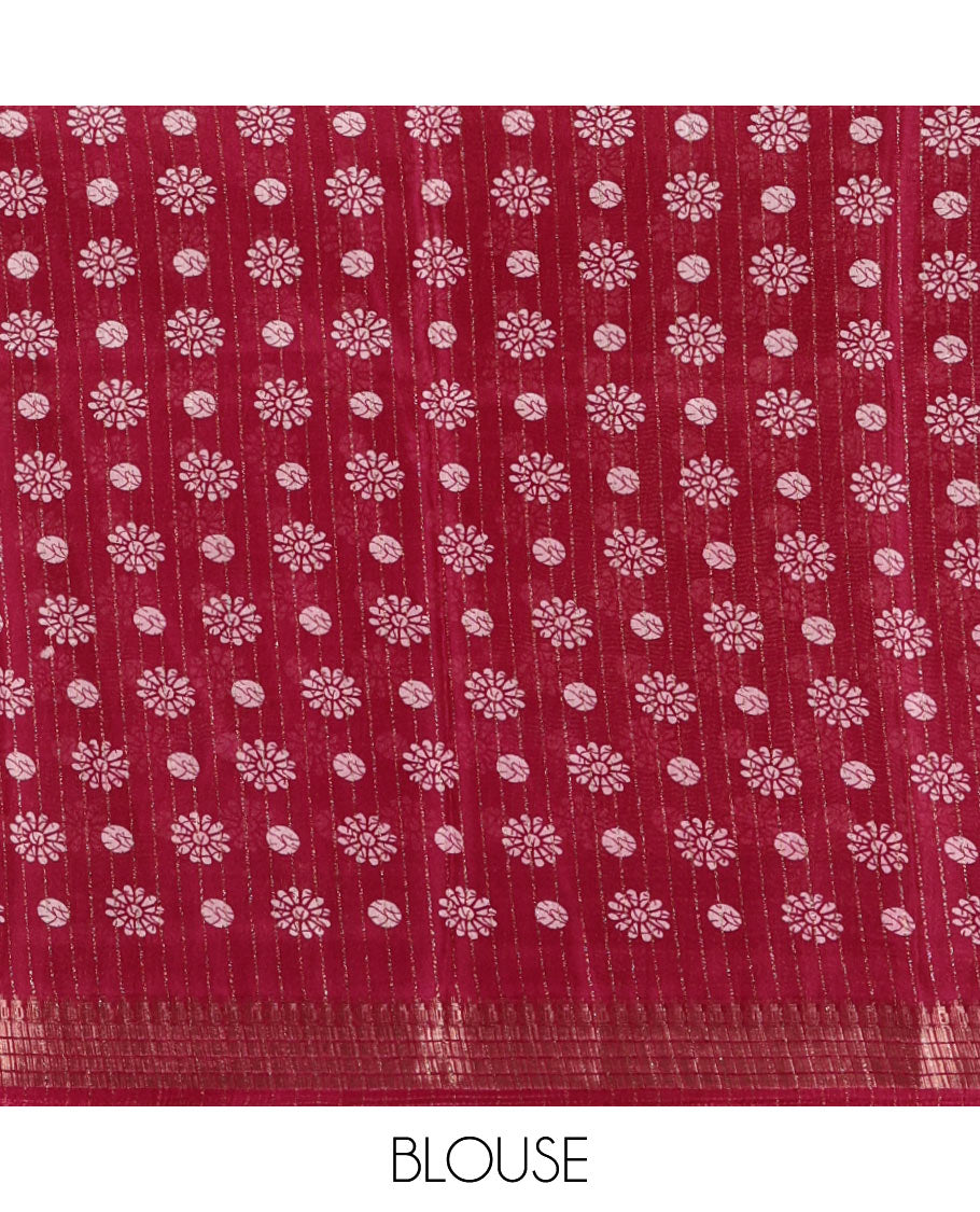 Purple golden zari striped & batik-printed dola silk saree, traditional zari border & batik printed pallu & matching batik printed blouse