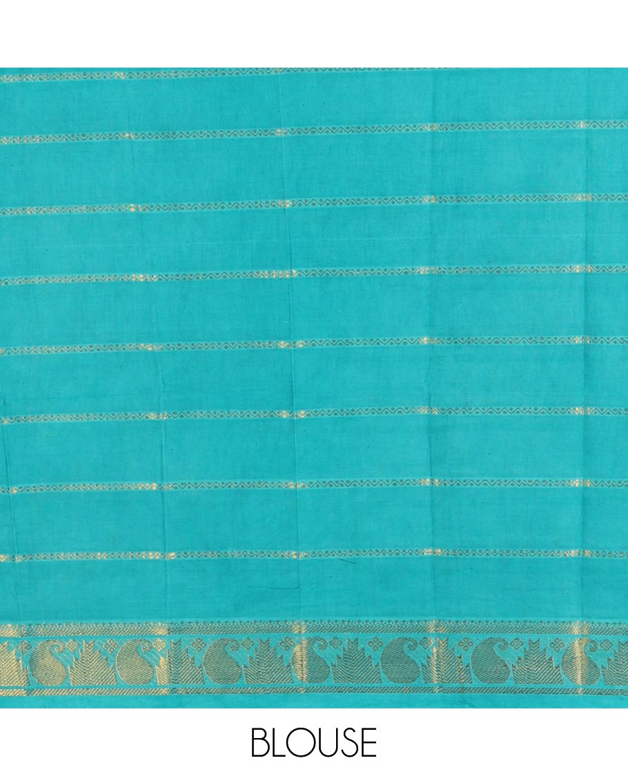 White zari veldhari striped sungudi cotton saree, contrast annam chakram border, zari striped pallu & contrast zari design blouse