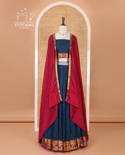 Peacock blue mercerised cotton half-saree, plain & contrast paithani peacock border skirt, matching blouse & contrast plain zari border dhavani