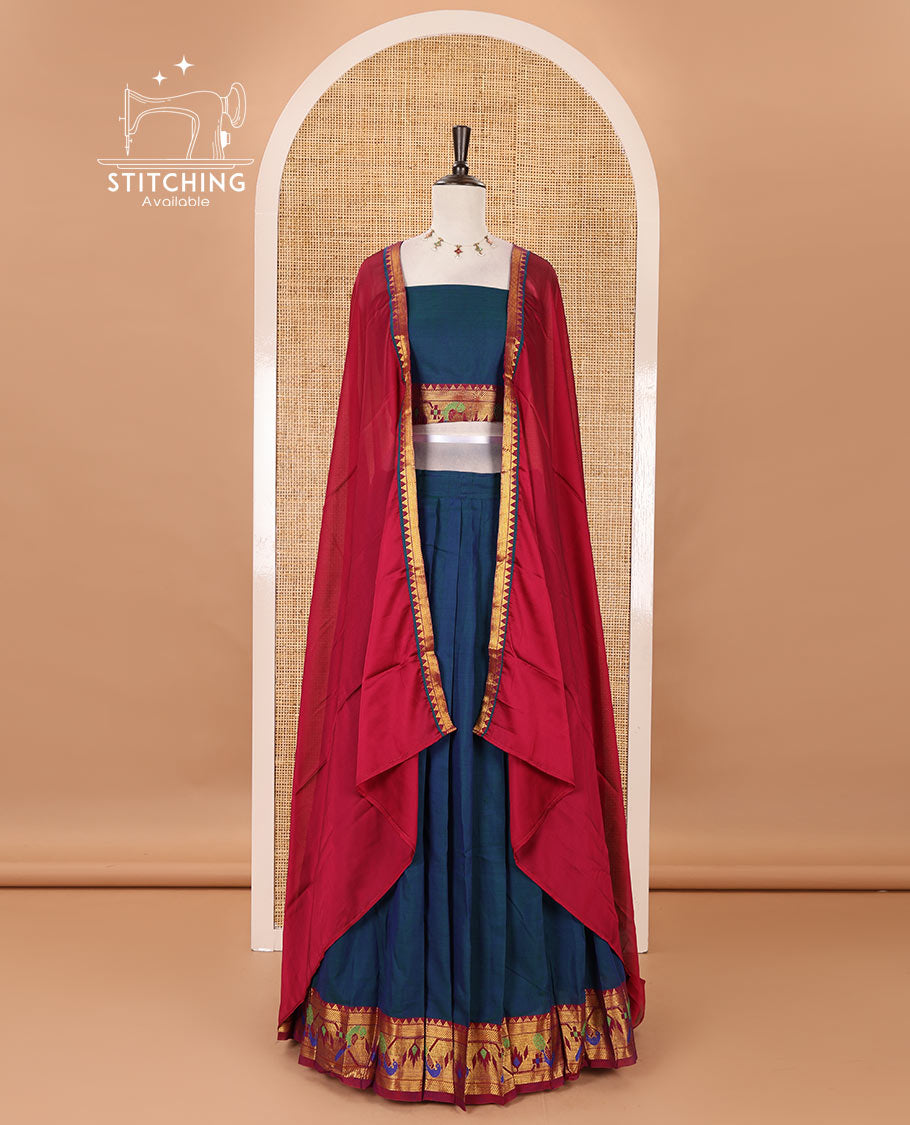 Peacock blue mercerised cotton half-saree, plain & contrast paithani peacock border skirt, matching blouse & contrast plain zari border dhavani