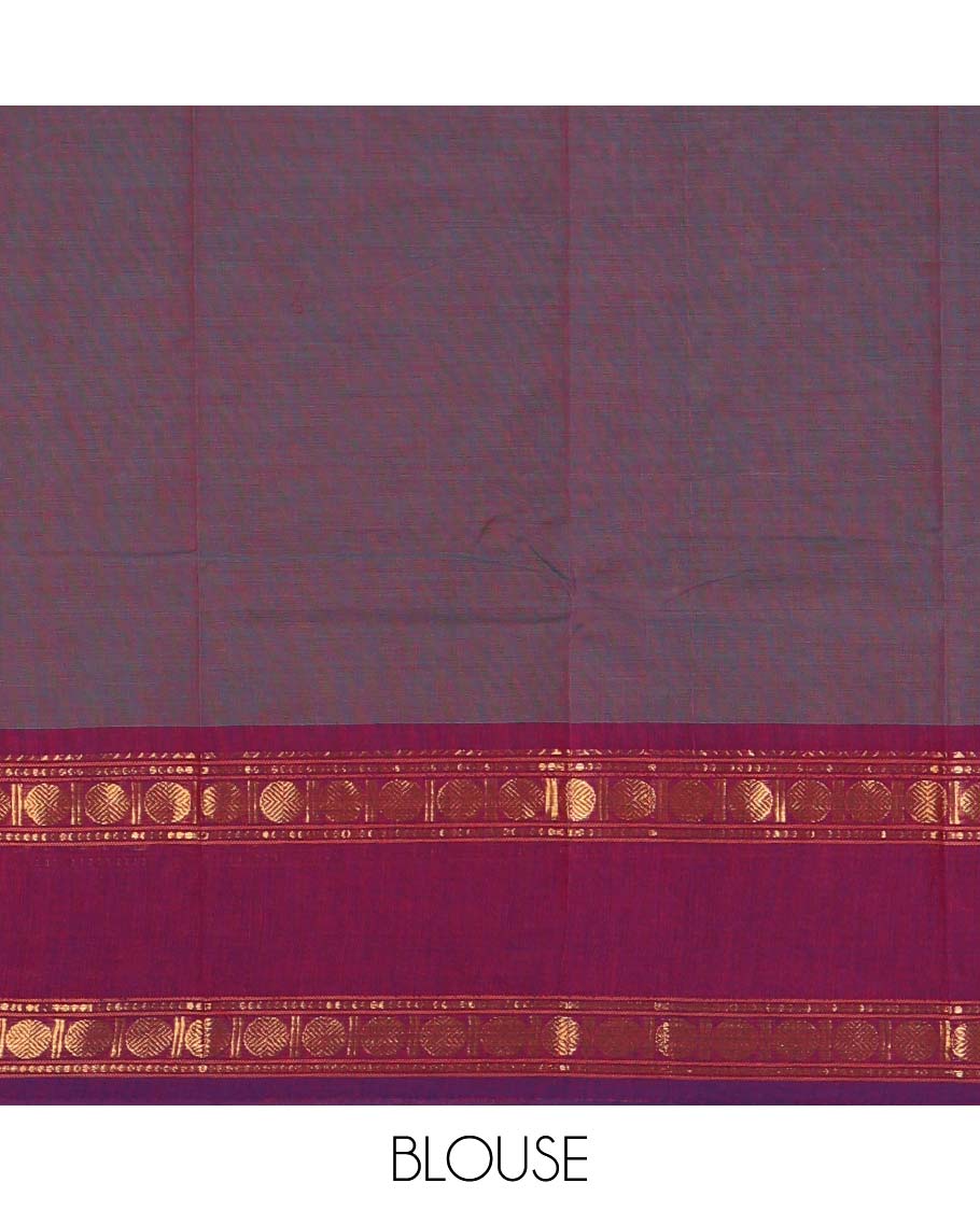 Violet plain Chettinad cotton saree, contrast rettai pettu rudraksham zari border, striped pallu & blouse of zari border