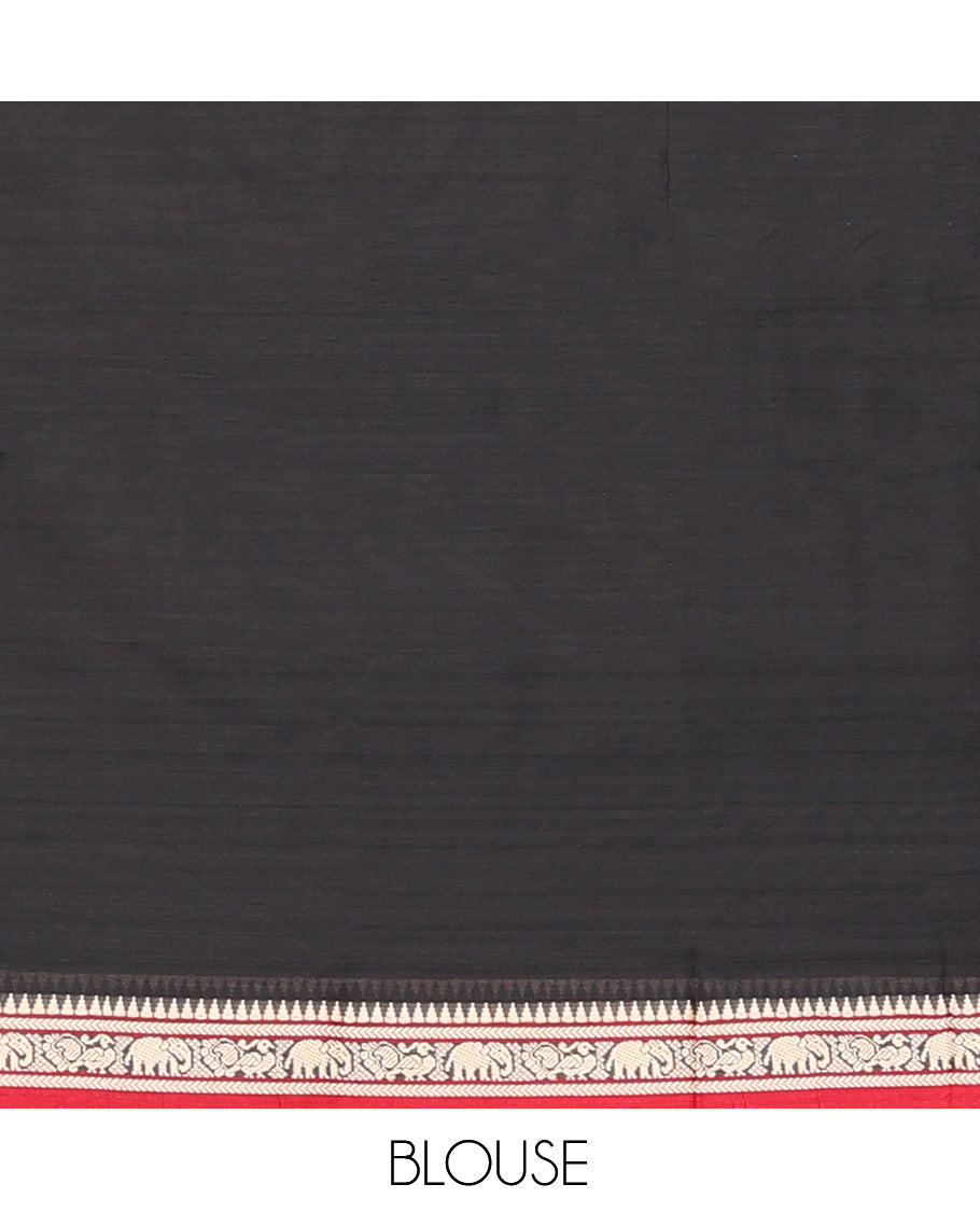 Black Cotton Half-Saree Features Plain Skirt, a Contrast Traditional Border, a Matching Blouse, and a Contrast Dhavani