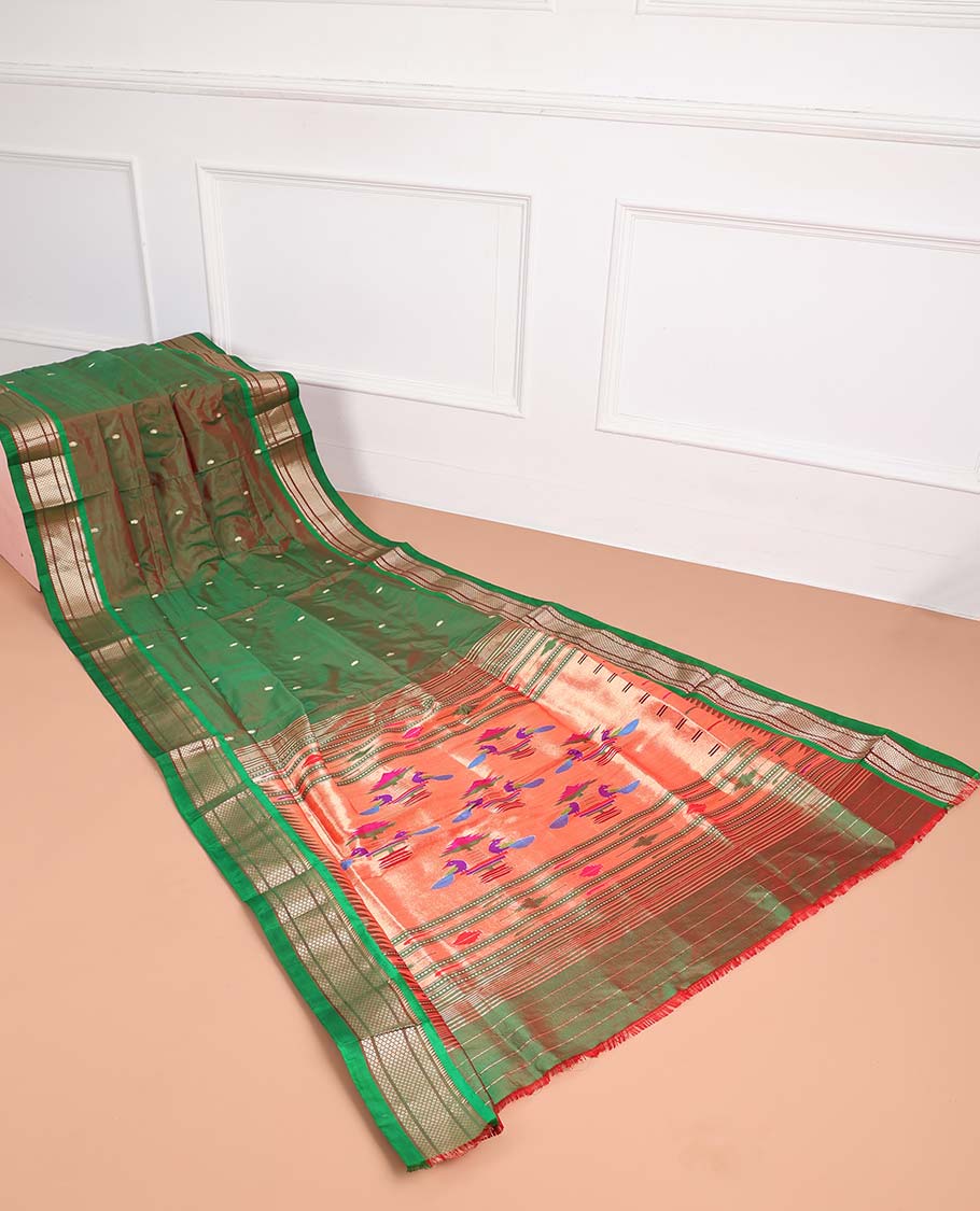 Green motifs paithani silk sare with contrast checked zari border & intricate zari design pallu
