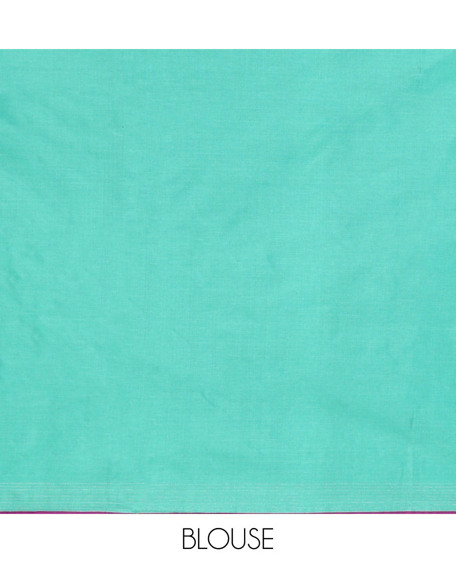 Purple checked poly-cotton half saree with contrast border, plain blouse & plain, checked border dhavani