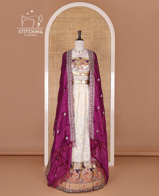 Cream banaras halfsaree, jaal jacquard skirt, contrast rani paithani border, matching blouse, and Syska georgette embroidered dhavani