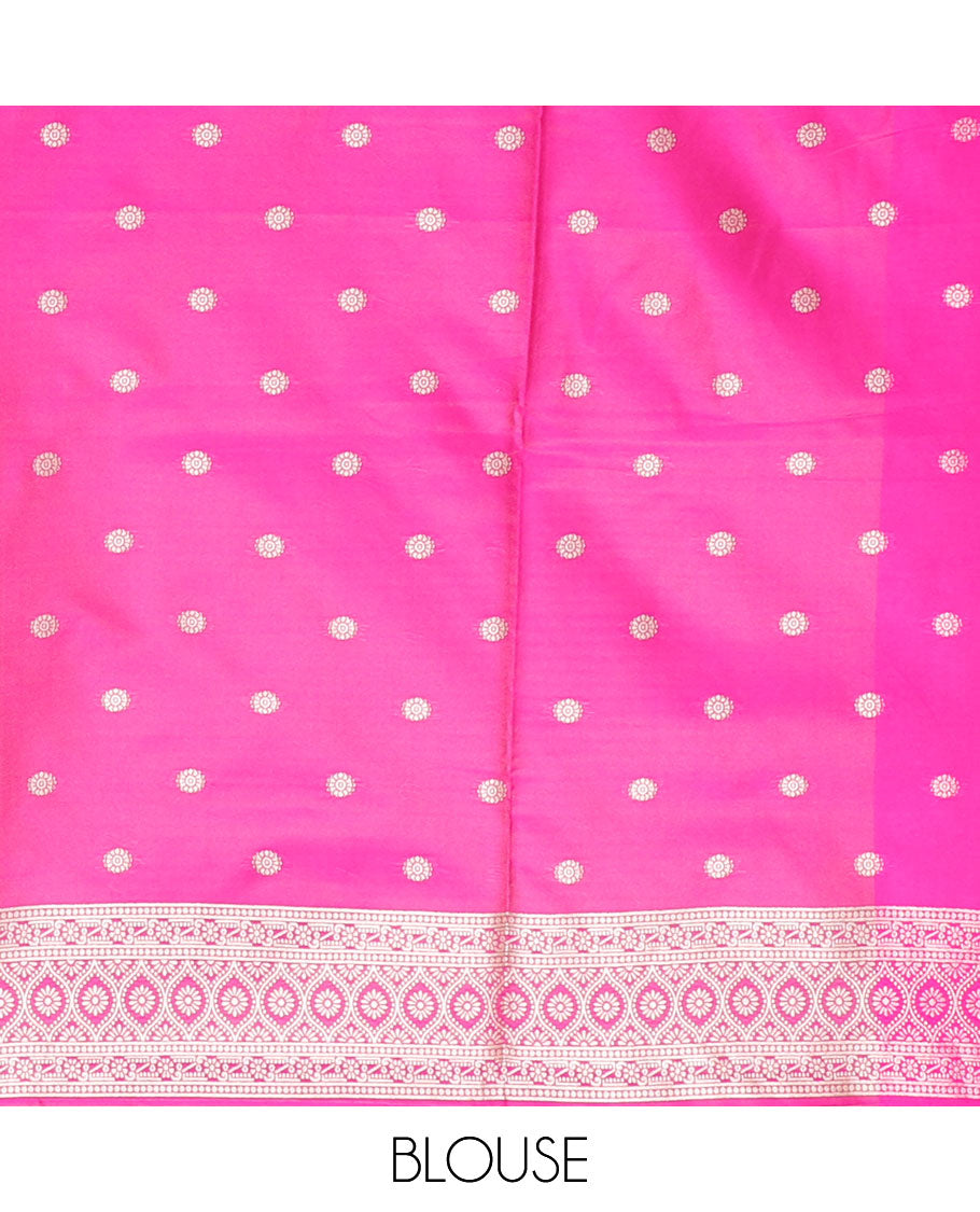 Sage green small zari buttas woven elite soft silk saree, contrast zari woven scallop satin border, jaal pallu, and a contrast chakram zari motifs blouse