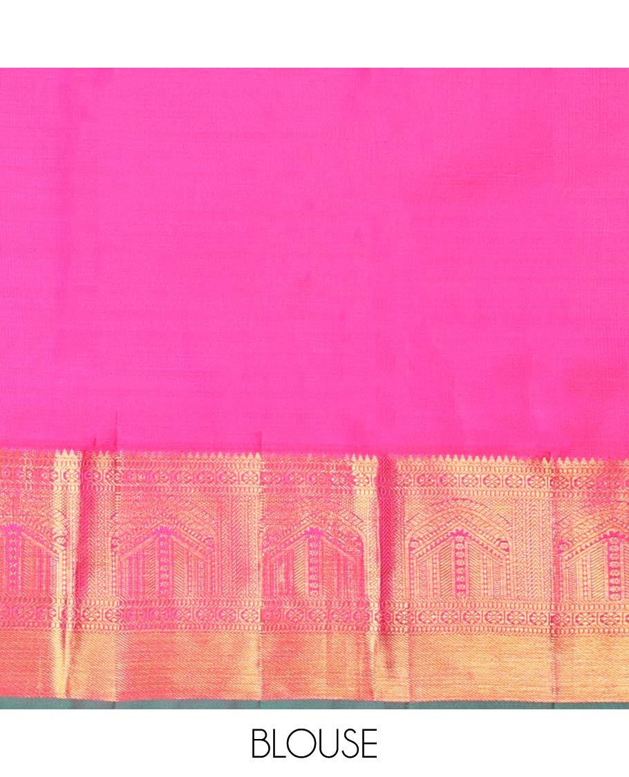 Pink floral vine design silk saree with contrast border of rekku,muthu,paun,banaras designs & intricate zari design pallu
