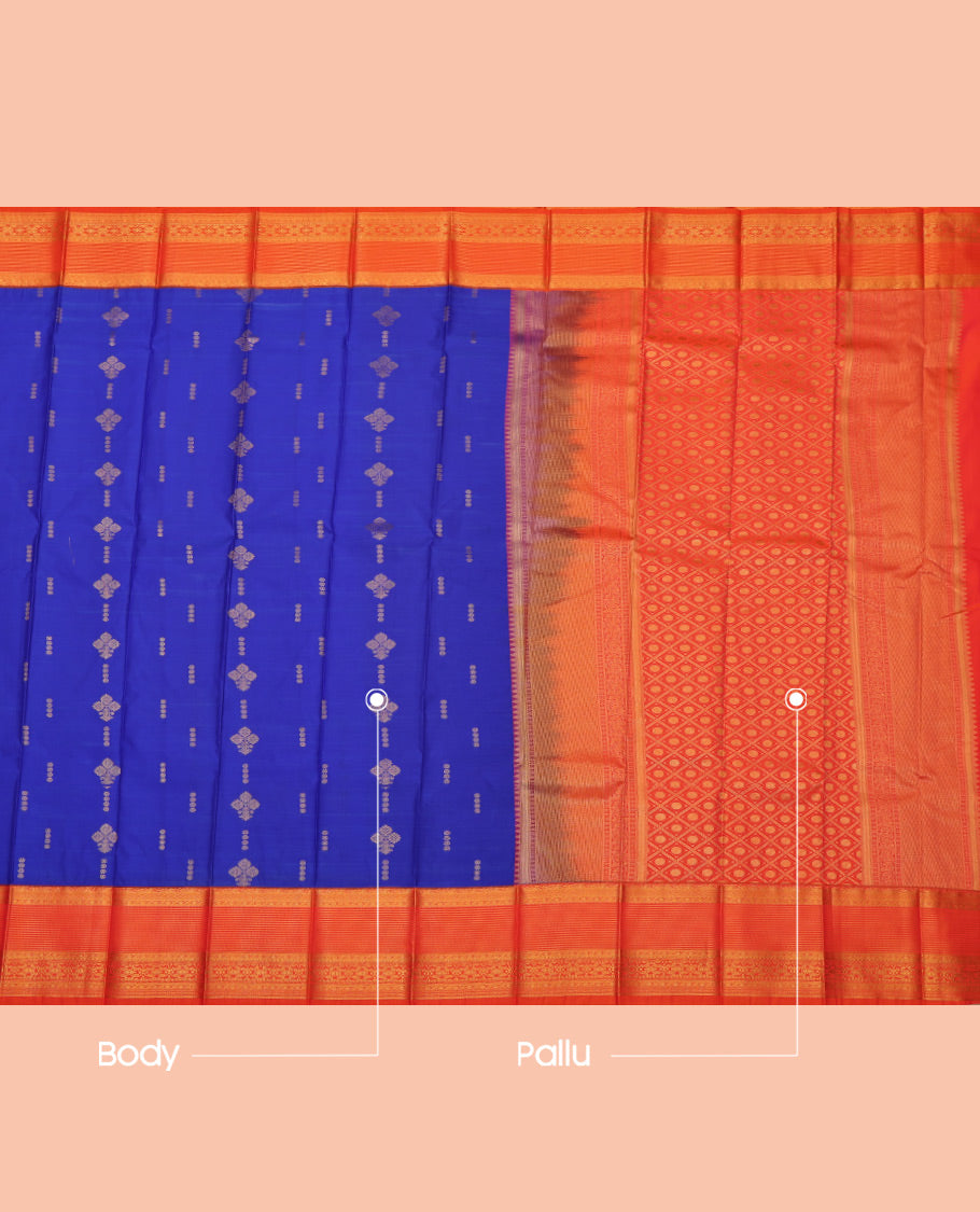 Royal Blue Budget Silk Saree, Elevated with Zari Buttas All Over Its Body, Complemented by a Contrast Traditional Zari Design Border, Grand Jaal Pallu, and Paired with a Contrast Blouse