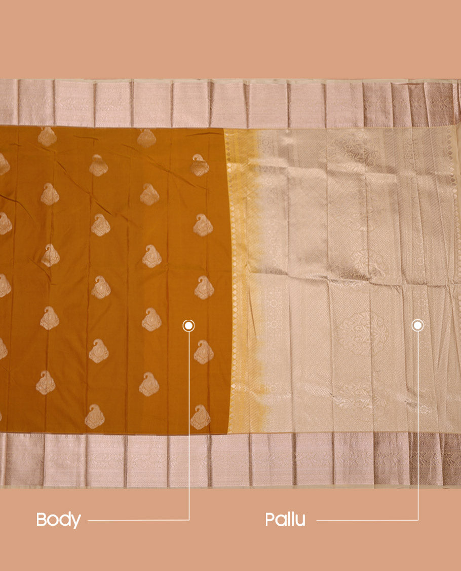 Yellow Budget Silk Saree, Graced with Zari Buttas All Over Its Body, Complemented by a Contrast Traditional Zari Design Woven Border, Sparsely Woven Pallu, and Paired with a Contrast Blouse
