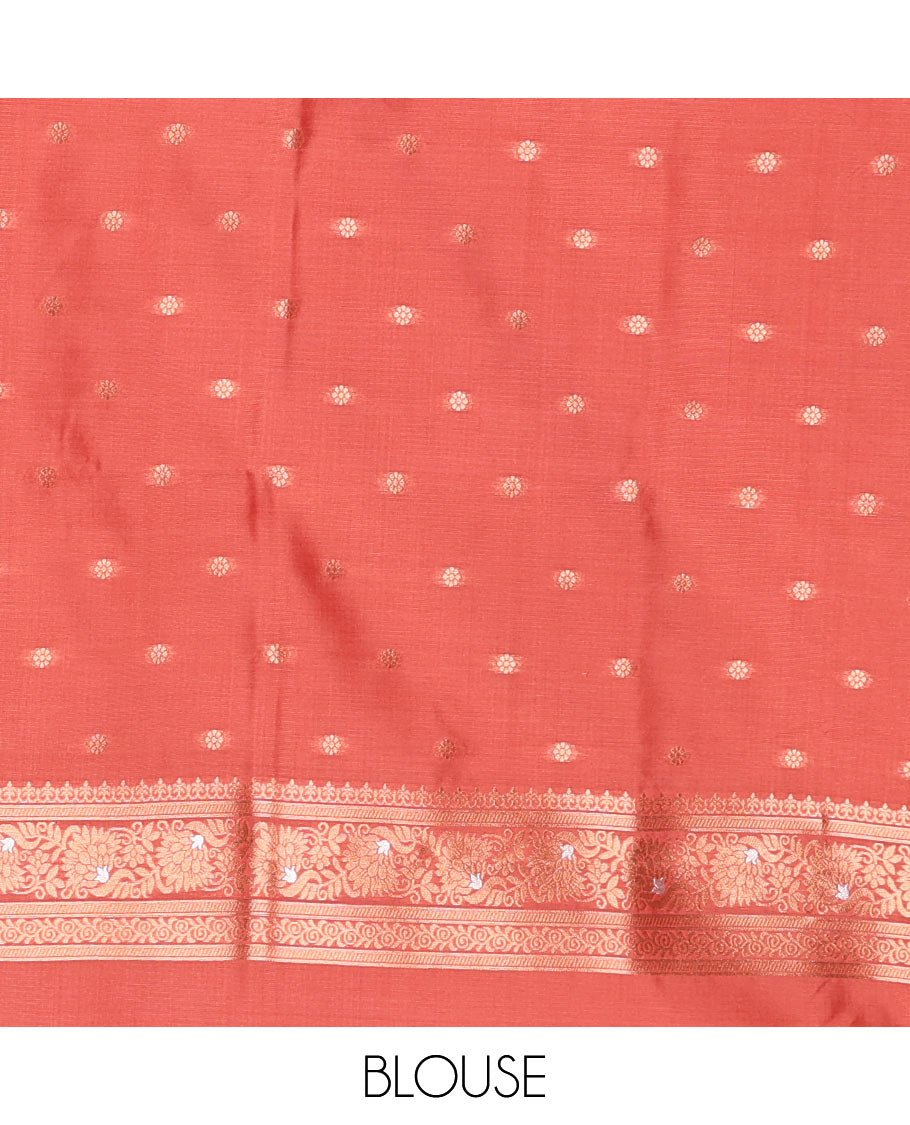 Borderless coral mulberry silk saree with copper & silver zari buttas, self-pallu of intricate designs & zari design blouse