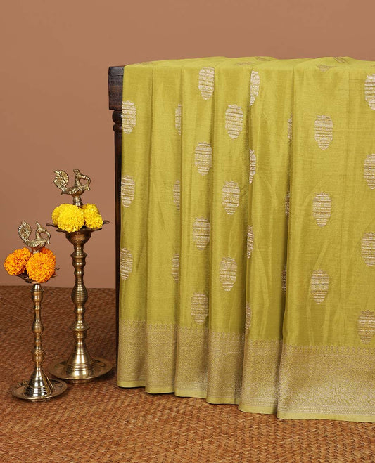 Mustard banaras zari buttas banaras crepe saree with leaf zari design border & rich pallu along with butta design blouse