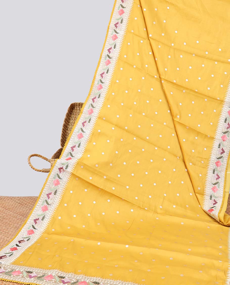 Yellow polka dot semi-banaras tussar saree & contrast floral thread embroidered border