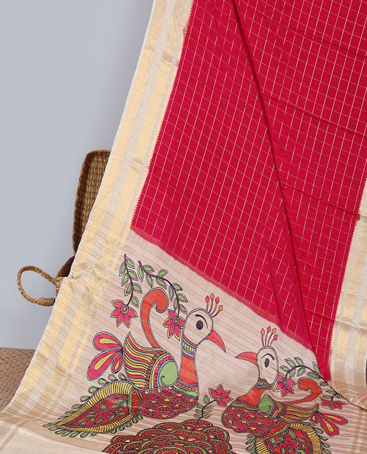 Red checked mysore silk saree with contrast striped border & peacock design pallu