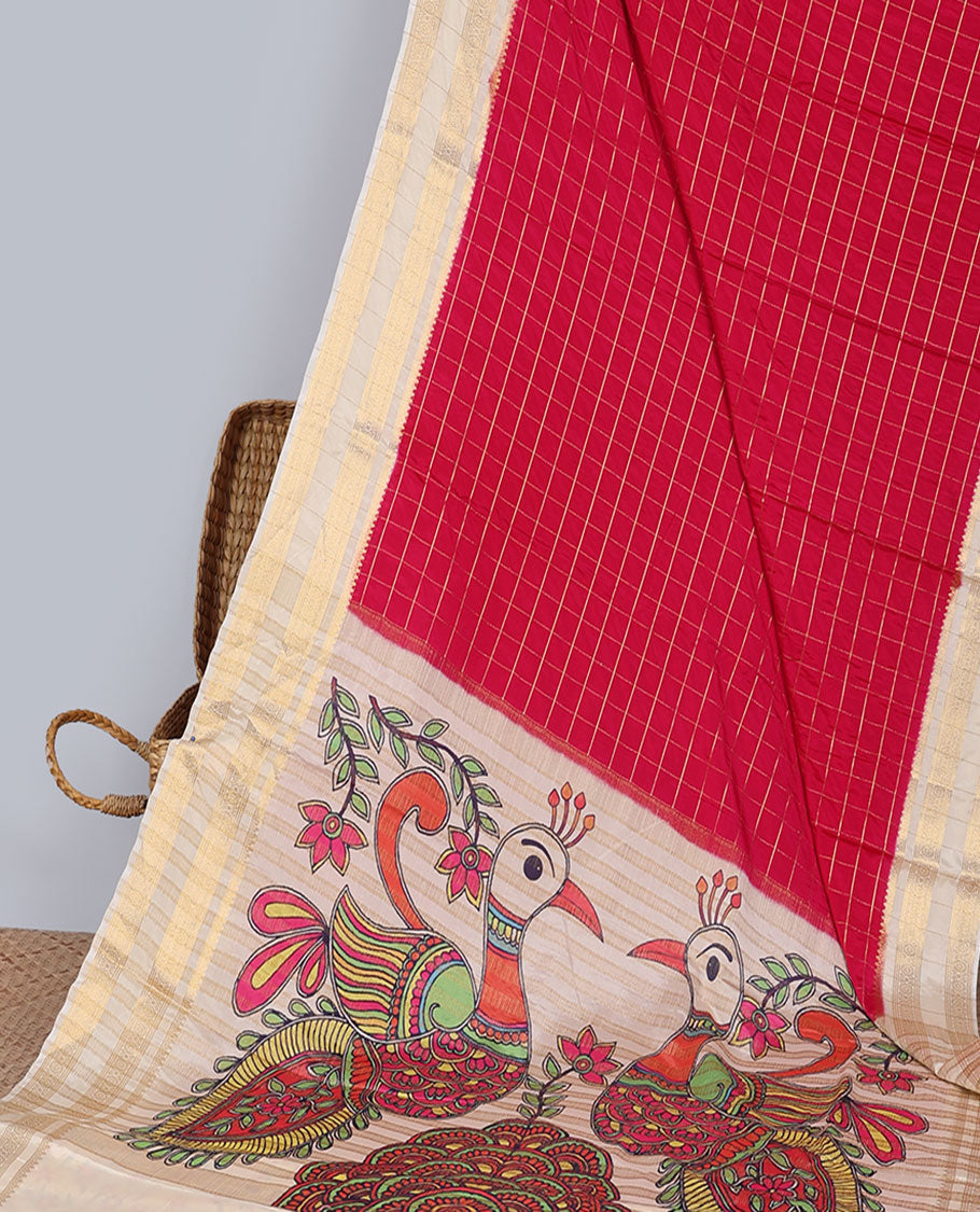Red checked mysore silk saree with contrast striped border & peacock design pallu