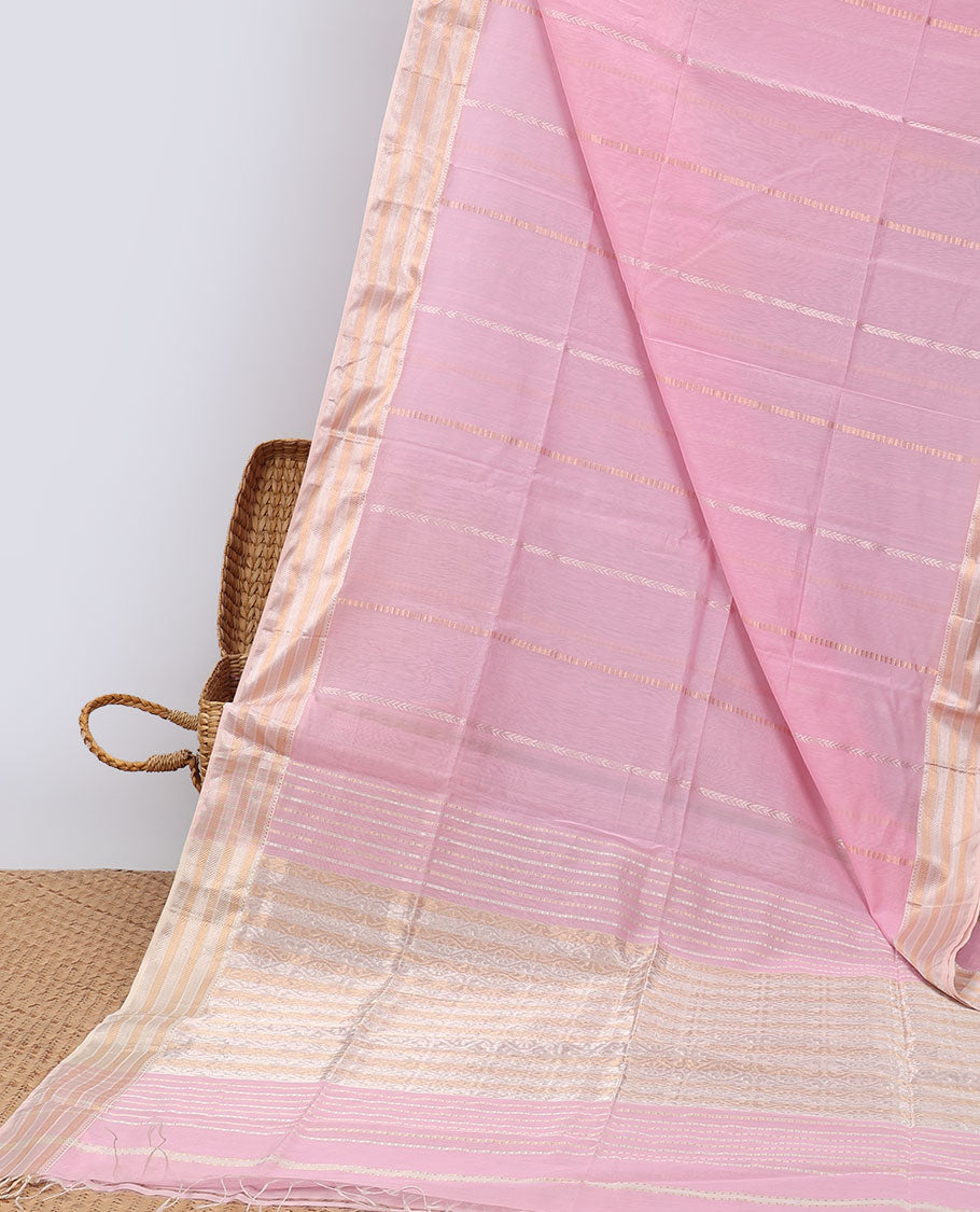 Pink  striped maheshwari cotton saree with contrast zari striped border & pallu of stripes