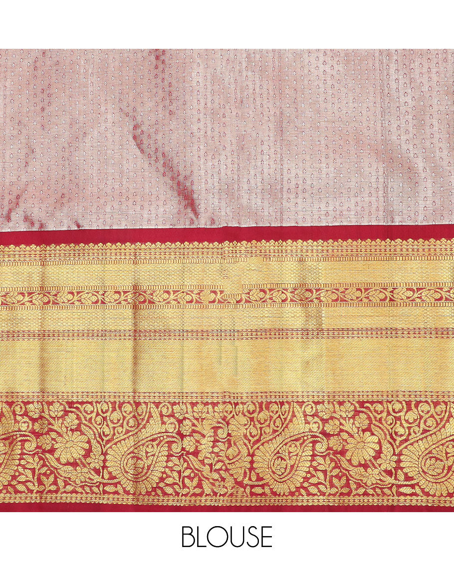 Light green floral design silk half saree with contrast thilakam mokku, kuyil kann, rekku design border, zari design blouse & zari design border dhavani