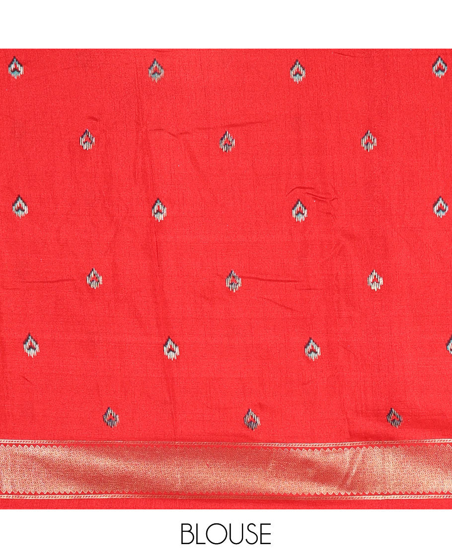 Red pochampally style bird motifs enclosed circles printed dola silk saree, zari border, ikkat pallu, and matching printed blouse