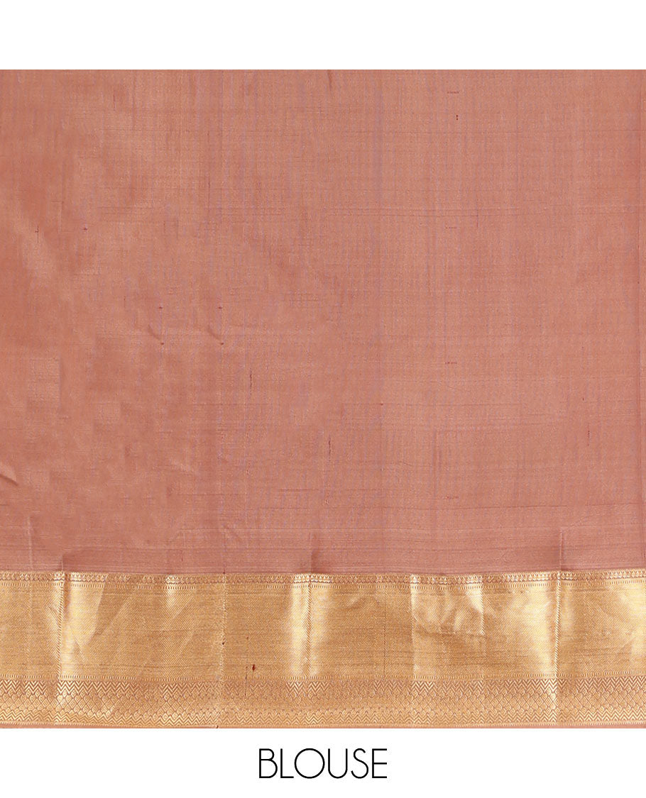Pinkish Brown Vasundhara Silk Saree, Elevated with Zari Buttas All Over Its Body, Highlighted by Zari Border of Rekku, Muthu, Vangi, and Bride-Groom Suyamvaram Designs, Pallu of Zari Designs, and Paired with a Matching Blouse