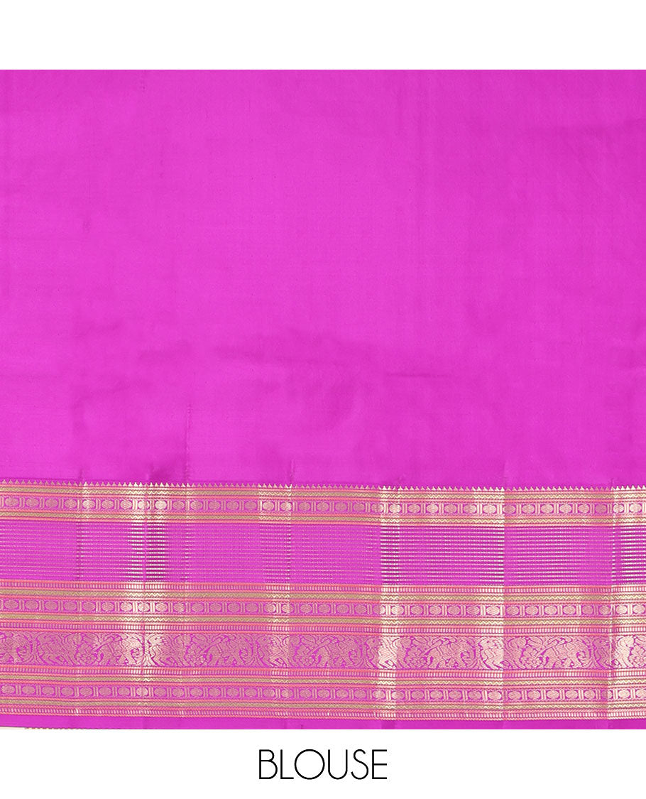 Eggplant Purple Kanchipuram Silk Saree, Adorned with Zari Buttas on Its Body, Complemented by a Contrast Border of Rekku, Neli, Paisa, Muthu, Banaras, Kuthirai, and Yaanai Designs, Grand Jaal Pallu, and Paired with a Contrast Blouse