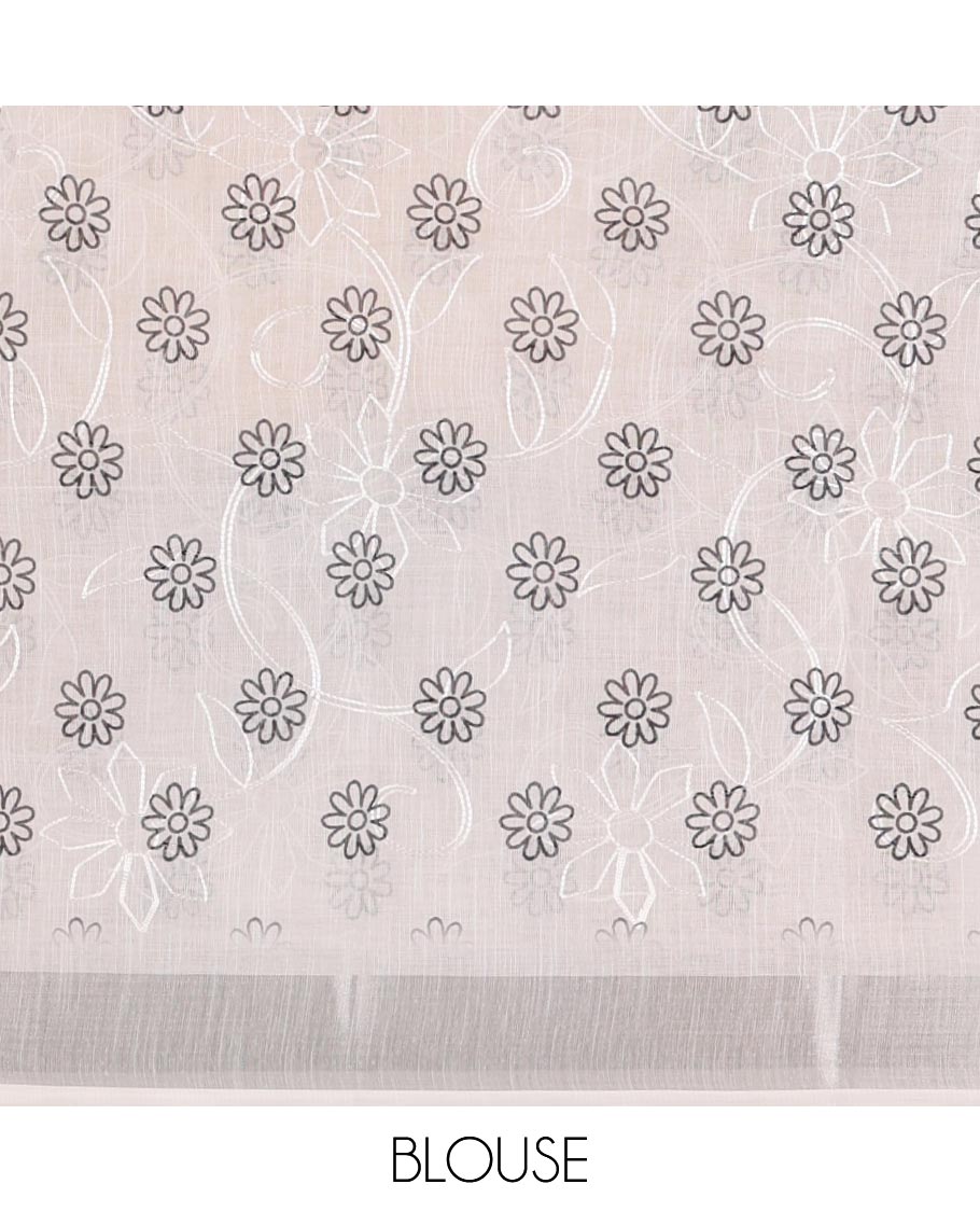 White flower motifs print & floral vine thread embroidered linen saree, zari bavanji border, village-theme handpainting-style printed pallu & blouse of print & embroidery