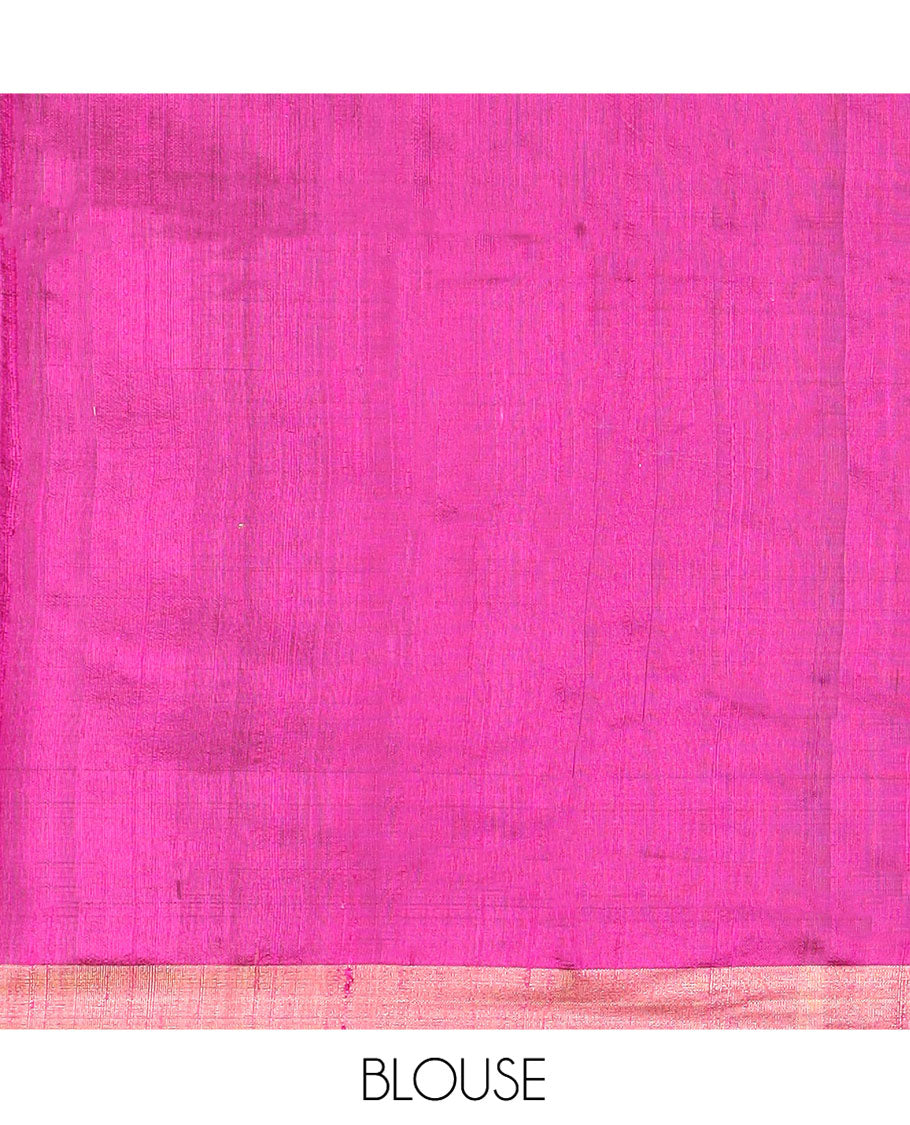 Grey Plain Dupion Silk Saree, Complemented by a Contrast Temple Zari Border, Gleaming Zari Pallu of Traditional Designs, and Paired with a Contrast Blouse