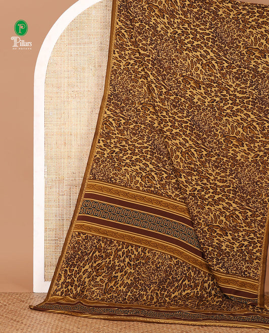 Khaki brown leopard-skin-like printed crepe silk saree, plain piping border, geometric motif printed pallu & animal-skin print blouse