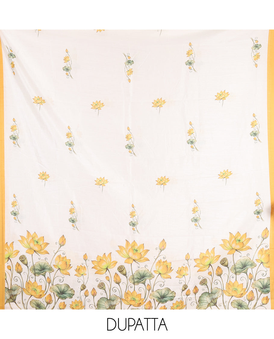 Cream-Yellow Semi-Silk Material Chudidar, Lotus Printed Top, Matching Bottom, Lotus Printed Dupatta