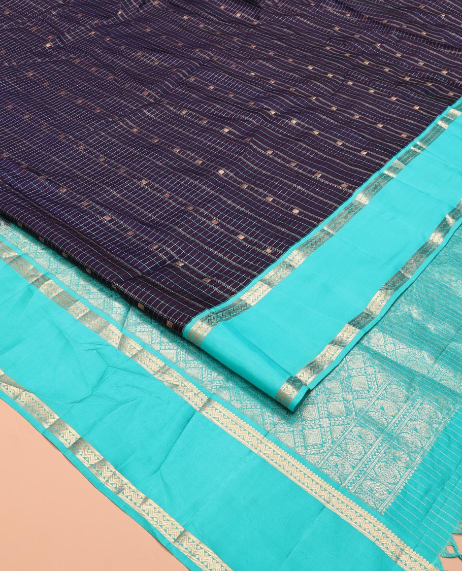 Navy Blue-Sapphire Blue Vasundhara Silk Saree Features Zari Butta and Checks, Contrast Rettai Pettu Border, Jaal Pallu, and a Contrast Blouse